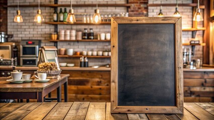 A vacant coffee shop menu board awaiting customization, featuring a blank chalkboard-style display with wooden frame and rustic background, ready for cafe branding.