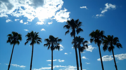 Wall Mural - Palm trees silhouetted against a bright blue sky with scattered clouds  -