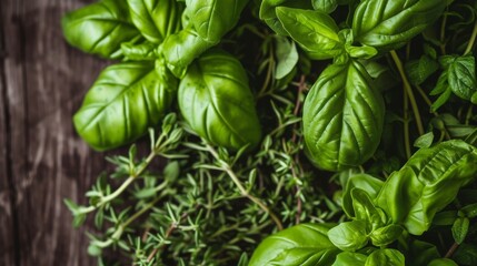 Close-up of Fresh Basil and Thyme Herbs