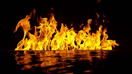 Poster - Super Slow Motion of Fire Line Isolated on Black Background. Flames are Reflected in Water Surface. Filmed on High Speed Cinema Camera, 1000 fps.