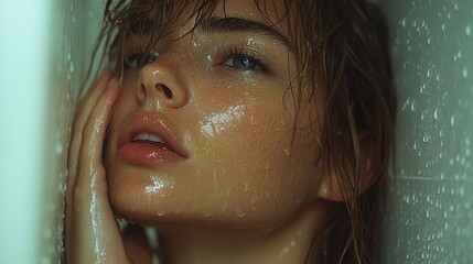 Wall Mural - Close-up of a wet-faced person with droplets of water on their skin, looking upwards