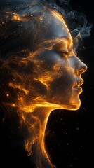 Wall Mural - Profile of a woman's face, illuminated with golden, fiery, ethereal lights against a dark background