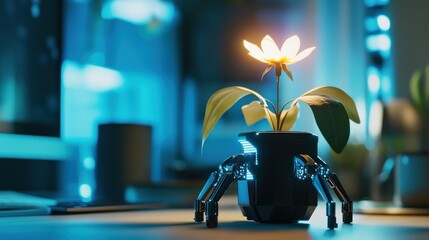 Wall Mural - A robotic planter with a glowing flower, combining nature and technology on a desk.