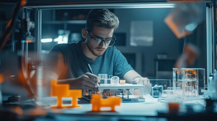 Poster - A young man working on a 3D model in a modern workshop with orange accents.