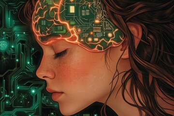 Canvas Print - Female profile with brain circuits intertwined with nature representing the merging of organic cognition and artificial intelligence in a futuristic biological technology hybrid system