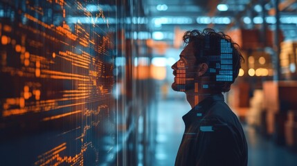 A person gazes at a digital display, reflecting on data and technology.