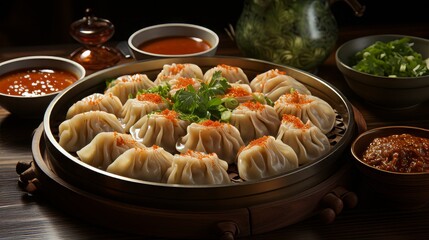 Wall Mural - Momos or dumplings, nepali traditional food in plate on dark background. Neural network ai generated art