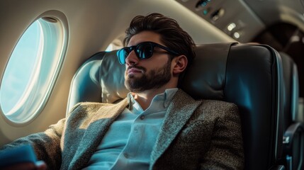 Wall Mural - A man in sunglasses relaxes in a luxury airplane seat, looking out the window.