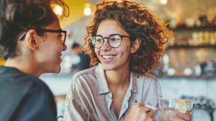 Two young women smiling at each other in a cafe