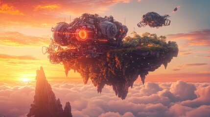 A futuristic floating city with advanced machinery amidst vibrant clouds at sunset.