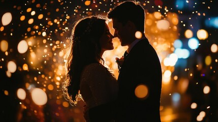 Poster - A romantic silhouette of a couple against a backdrop of glowing lights and sparkles.