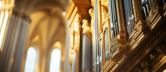 Copy space image of a portion of a pipe organ in a Catholic cathedral interior captured with selective focus