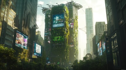 Canvas Print - A futuristic cityscape featuring a green-covered skyscraper adorned with digital billboards.