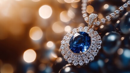 Sticker - A close-up of a luxurious sapphire pendant surrounded by sparkling diamonds and pearls.