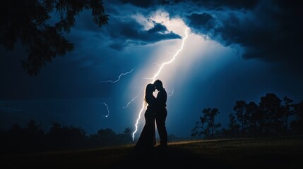 Canvas Print - A couple shares a kiss under a dramatic lightning storm, creating a romantic atmosphere.