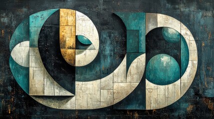 Wall Mural - Abstract geometric mural with textured shapes and muted colors.