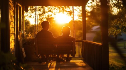 Wall Mural - A couple enjoys a sunset while sitting on a porch swing, creating a serene moment.