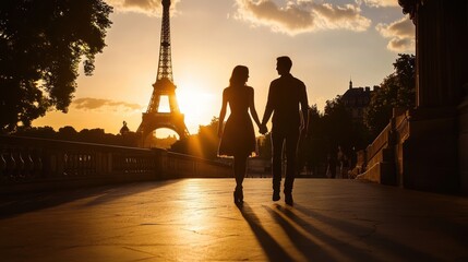 Wall Mural - A couple walks hand in hand at sunset near the Eiffel Tower, creating a romantic atmosphere.