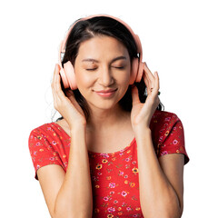 Cheerful woman listening to music with a headset transparent png