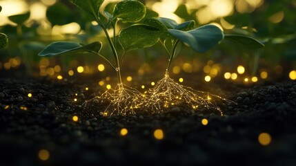 Canvas Print - Close-up of young plants with glowing roots in soil, symbolizing growth and vitality.