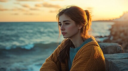 Poster - A contemplative young woman gazes at the ocean during sunset, evoking a sense of tranquility.