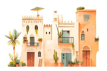 Arabic architecture. Beautiful street with houses in Spanish style. Watercolor sketch of morocco houses for travel poster.