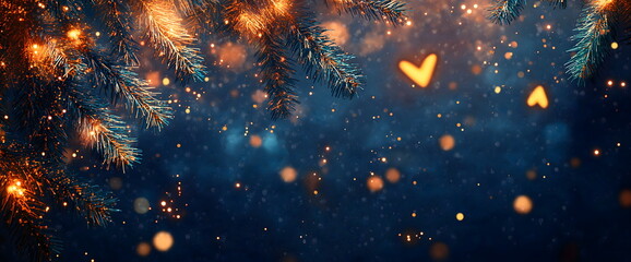 Wall Mural - magical christmas background with glowing pine branches and bokeh lights. place for text