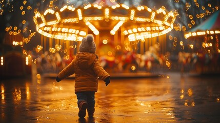 A child in a yellow winter coat running excitedly towards a glowing carousel at night, capturing a moment of childhood joy and wonder.