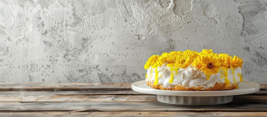 Yellow marigold flowers decorate a coconut cake on a ceramic dish placed on a wooden floor against a white cement wall background ideal for food or dessert promotions with available copy space image