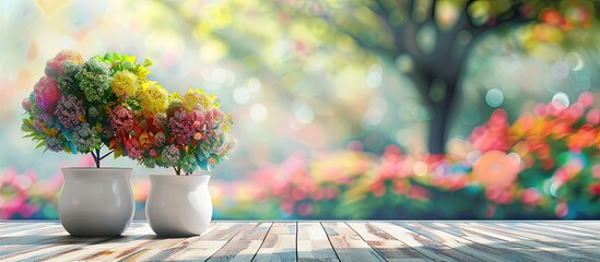 Two Variegated Rainbow Elephant Bushes are flowering in white pots with a colorful garden background in the distance featuring copy space image