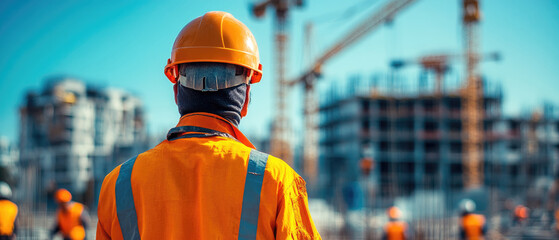 A construction worker wearing a yellow hard hat stands in front of a building. Concept of hard work and dedication to the job