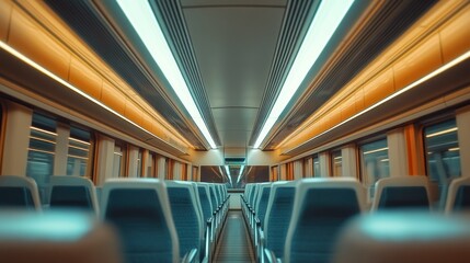 Sticker - Interior of a modern train carriage featuring rows of seats and overhead lighting.