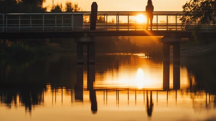 Wall Mural - A serene sunset view over a river with a silhouette of a person on a bridge.