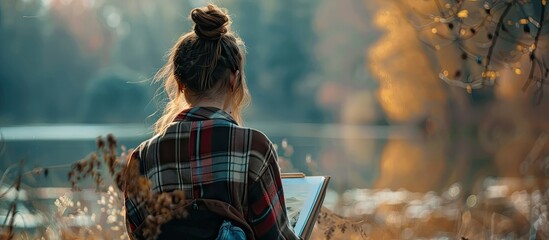 A female artist engaged in plein air painting capturing the process in a series of photos focusing on mindfulness art therapy and creative expression with copy space image