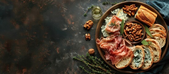 Sticker - Traditional Mediterranean snacks featuring prosciutto blue cheese baguette walnuts and thyme on a rustic plate with copy space image