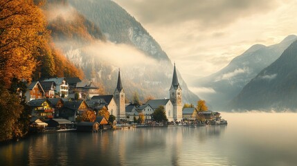 Poster - Dreamy mist rolling over Hallstatt Lake in autumn, with the picturesque village nestled between the mountains and the calm water.