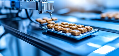 Automated line producing plant protein bar, close-up of machinery, futuristic food processing, sleek technology