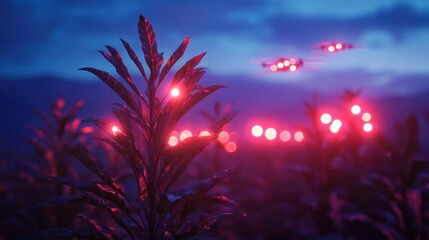 Sticker - A futuristic agricultural scene with glowing plants and drones in a twilight setting.