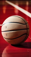 A basketball lies on a red court, captured in close-up, emphasizing the ball on the ground with no one present.