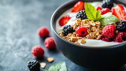 Poster - Healthy breakfast bowl featuring fresh berries, yogurt, and granola, with ample copy space for food-related messages.