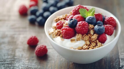 Sticker - Healthy breakfast bowl featuring fresh berries, yogurt, and granola, with ample copy space for food-related messages.