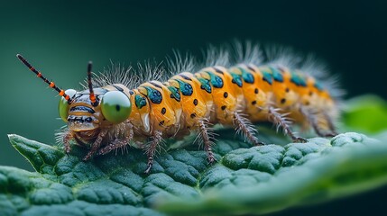 Wall Mural - Close-up of a colorful caterpillar with large eyes on a green leaf.