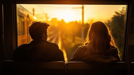 Poster - A couple enjoys a sunset view from a train window, capturing a moment of connection.