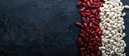 A variety of uncooked white and red beans are displayed on a black table from above creating an assortment with space for text or images. with copyspace image