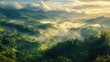 © KYR - Mist-covered mountains and lush valleys illuminated by the soft morning sun, offering a serene, panoramic nature view.