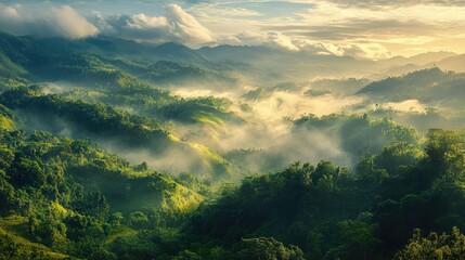 Wall Mural - Mist-covered mountains and lush valleys illuminated by the soft morning sun, offering a serene, panoramic nature view.