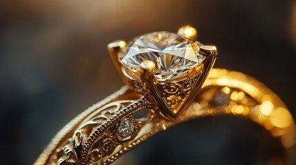 Poster - A close-up of an ornate gold ring featuring a large diamond, showcasing intricate detailing.