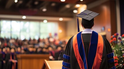 A graduate in academic regalia speaks at a commencement ceremony in front of an audience.