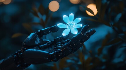 Wall Mural - A robotic hand delicately holds a glowing flower in a serene, softly lit environment.