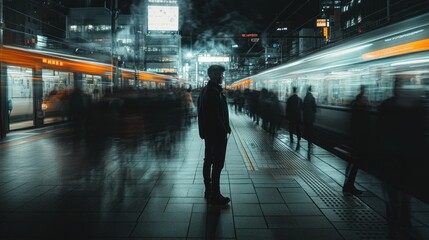 Poster - A silhouette stands still amidst a bustling train station at night, capturing urban life.